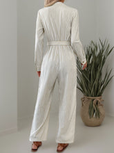 Striped Notched Long Sleeve Tie Waist Jumpsuit OutfitFlow